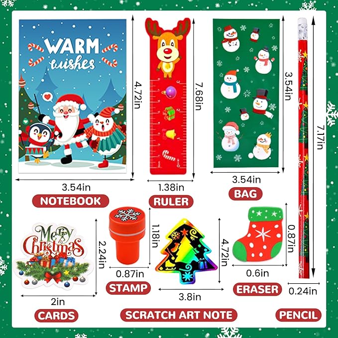 Bluegogo 218Pcs Christmas Party Favors for Kids, Christmas School Stationery Set Christmas Goodie Bags Christmas Toys Bulk Classroom Prizes Christmas Stationery Kit for Party Gift Fillers