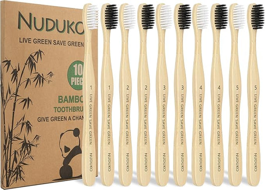 Bamboo Toothbrushes Soft Bristles, Biodegradable Eco-Friendly Toothbrush 10 Pack, BPA Free Charcoal Bamboo Tooth Brush, Organic, Natural, Green and Compostable Tooth Brushes