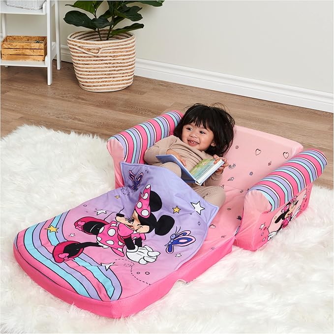 MARSHMALLOW Furniture, Minnie Mouse 3-in-1 Slumber Sofa Baby Lounger, Convertible Kids Couch, Sofa Bed & Foam Toddler Nap Mat with Attached Blanket