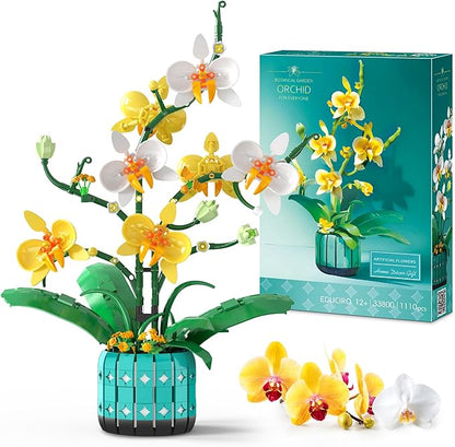 BAKA Orchid Flower Building Kit for Adults and Kids, Orchid Bonsai Building Set for Home Decor Botanical Collection in White and Yellow Orchid, Idea Gift for Valentines Day, Birthday - 1110pcs