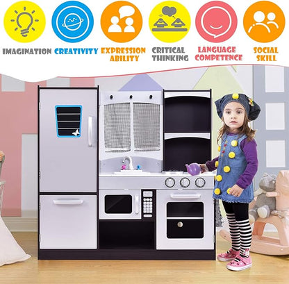 ARLIME Kids Kitchen Playset, Wooden Toy Toddler Kitchen w/Sink, Stovetop, Microwave, Refrigerator, Large Cabinets, Pretend Play Kitchen for Boys Girls