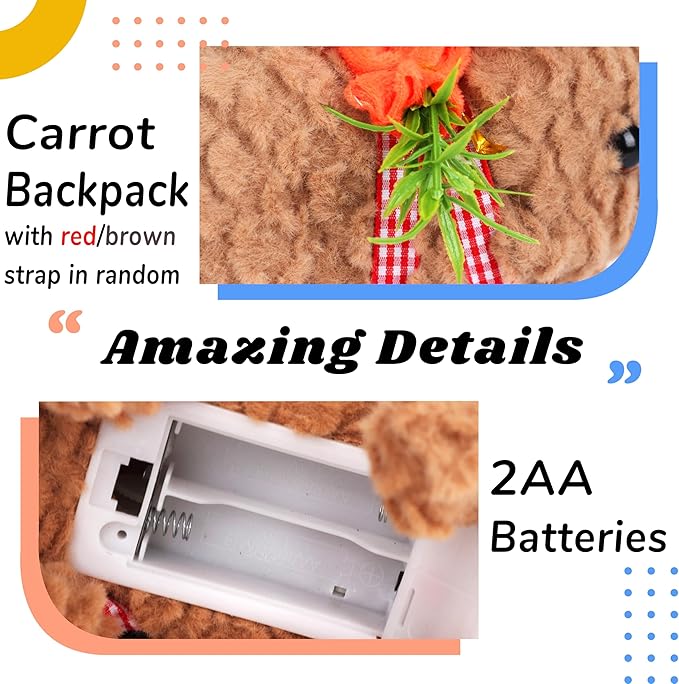 Hopearl Hopping Rabbit with LED Ears Carrot Backpack Interactive Plush Bunny Toy with Sounds Animated Walking Wiggle Light up Ears Twitch Nose Gift for Toddlers, Brown, 7''
