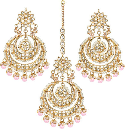 Aheli Bollywood Ethnic Chandbali Style Big Earrings Maang Tikka Set Traditional Fashion Jewelry Gift for Women