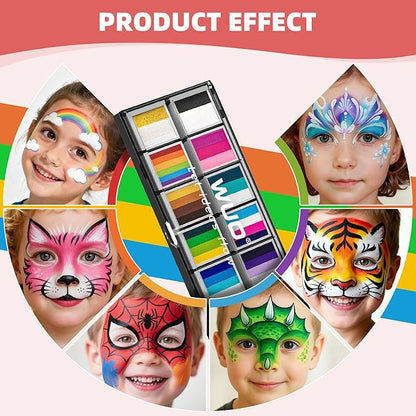 WUO Professional Face Painting Kit for Kids Adults, 12x10g Split Cake Palette with Stencils Sponge, Non-Toxic Water-Activated Rainbow Body Face Paint Makeup for Halloween Christmas & Costume Partie