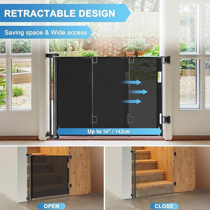 56 Inch Retractable Baby Gates for Doorways Retractable Dog Gate Outdoor Gates for Decks Indoor Long Baby Gate Retractable Pet Gate Mesh Gates for Kids or Pets Child Gate for Stairs, Porches, Black
