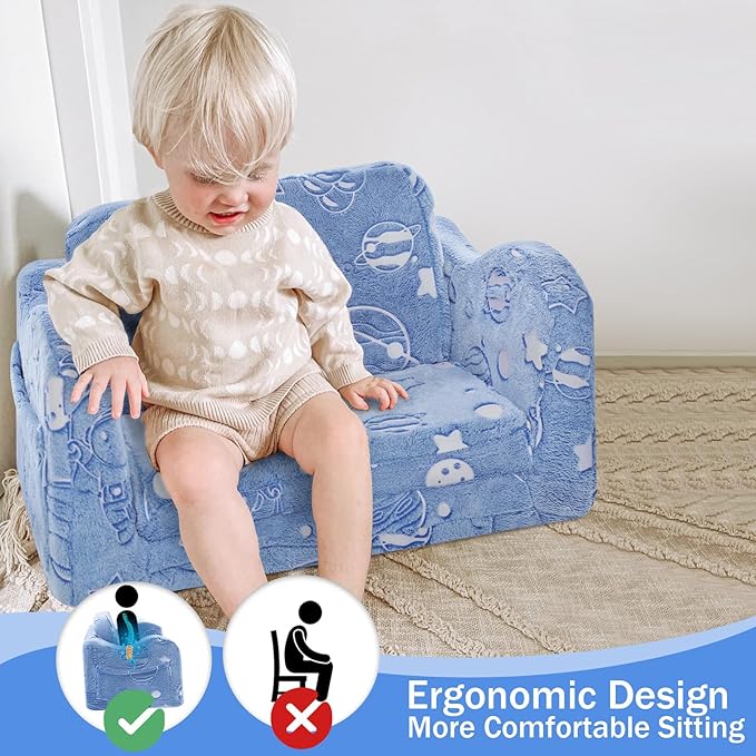 MeMoreCool Toddler Fold-Out Chair for Girls Boys, Glow-in-The-Dark Folding Baby Couch, Convertible Plush Recliner Lounger for Kids Playroom (Glowing Astronaut)