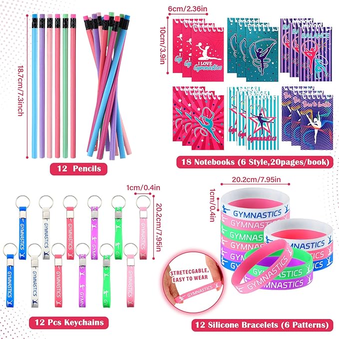 Lenwen 128 Pcs Gymnastics Party Favors Girl Gymnastics Drawstring Backpack Gymnastics Gift Gymnastics Stickers Glitter Pencils Keychain Spiral Notebook Button Pins Rubber Bracelets for Birthday Supply