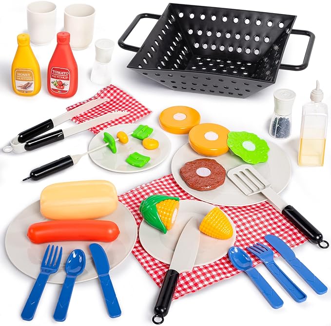 JOYIN 34 PCS Kitchen Toy Set, BBQ Play Grill, Cooking Toy Set, Little Chef Play, Kids Grill Playset Interactive BBQ for Kids with Light & Sound, Birthday Gift for Boys Girls