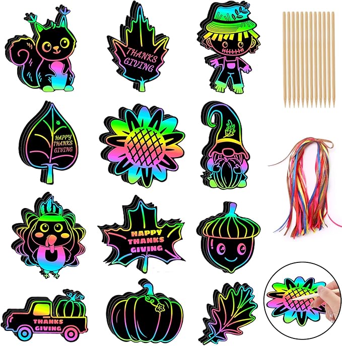 JULMELON 36Pcs Thanksgiving Arts and Crafts for Kids, Fall Leaves Pumpkin Turkey Magic Rainbow Scratch Paper Art for Kids School Classroom Activity Autumn Harvest Thanksgiving Party Favors Gifts