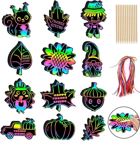 JULMELON 36Pcs Thanksgiving Arts and Crafts for Kids, Fall Leaves Pumpkin Turkey Magic Rainbow Scratch Paper Art for Kids School Classroom Activity Autumn Harvest Thanksgiving Party Favors Gifts