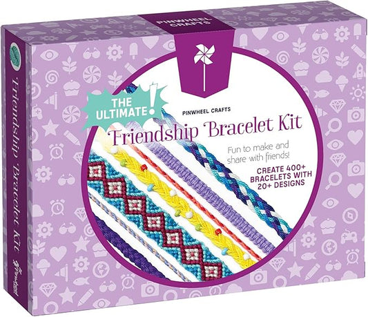 Pinwheel Crafts Friendship Bracelet Kit – DIY String Bracelet Making Kit for Girls 8-12 – 100 Floss, Colored/Metal Beads, Braiding Clip, Design Book – Jewelry Making Set for Girls Gift
