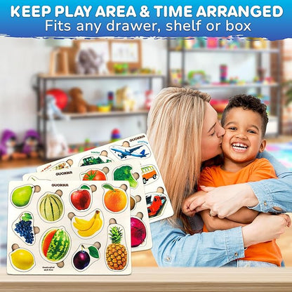 QUOKKA Wooden Puzzles for Toddlers 1-3 – 3xSET Kids Puzzles Ages 2-4 – Montessori Toy Puzzles for Toddlers 3-5 – Wood Toy Learning Realistic Fruits - Cars - Vegetables for Boy and Girl