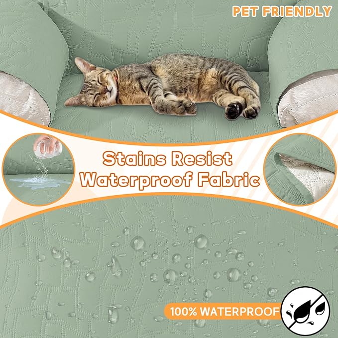 XINEAGE 100% Waterproof Recliner Chair Covers with Elastic Straps, Nonslip Reclining Couch Covers Washable Recliner Couch Cover with Pockets Furniture Protector for Pets Dogs (Mint Green, 23")