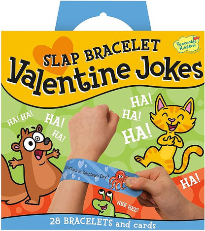Peaceable Kingdom Valentines Cards for Kids Classroom, Set of 28 Valentines Day Gifts - Jokes Slap Bracelets