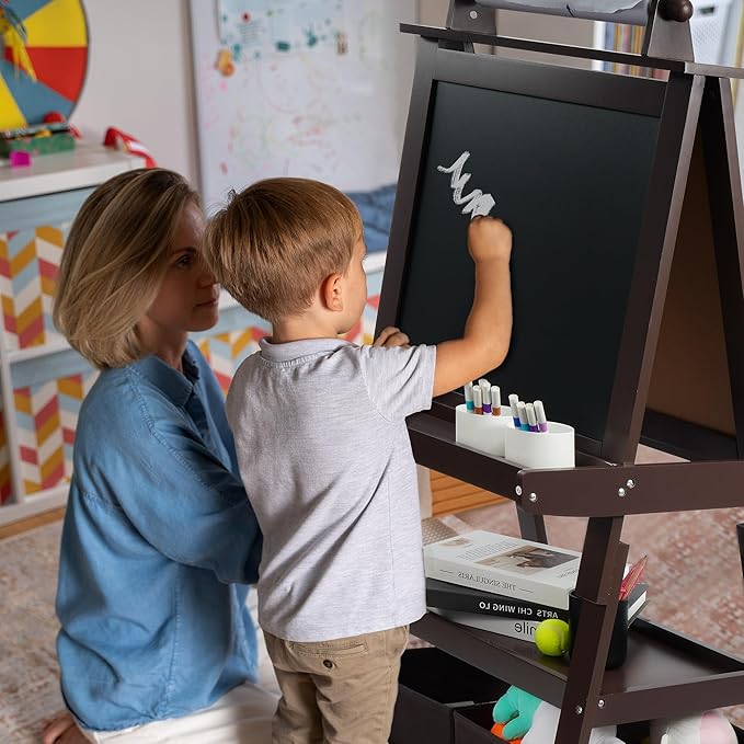 Elevon Art Easel for Kids, Wooden Kids Easel 3 in 1 Adjustable Double Sided, Whiteboard, Chalkboard & Paper Roll, 2-Tier Rack w/ 2 Storage Boxes, Standing Easel for for Painting & Drawing