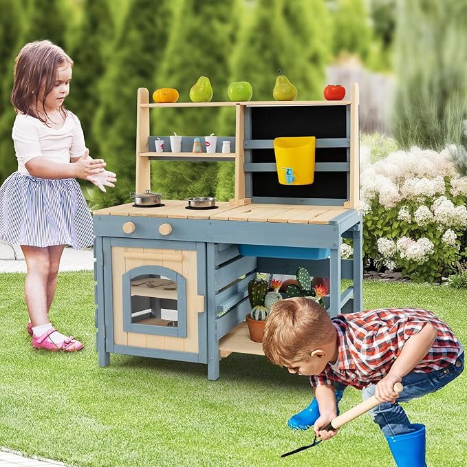 Costzon 2 in 1 Mud Kitchen, Fir Wood Outdoor Play Kitchen & Grocery Store w/Removable Sink, Water Box & Faucet, Stoves, Storage Bag, Metal Baskets, Double-Sided Kids Kitchen Playset for Boys Girls 3+