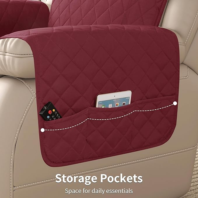 CHUN YI Recliner Chair Cover, Non-Slip Recliner Covers That Stay in Place, Washable Lazy Boy Recliner Covers with Pockets, Water Resistant Recliner Slipcover for Pets (Wine, Small Recliner)