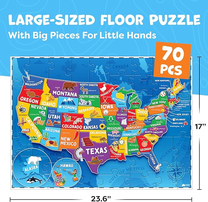 United States Puzzles for Kids Ages 4-6 - Educational Toys for Boys & Girls - 70Pcs USA Map Kids Puzzle with 50 States & Capitals - Christmas Gifts for Kids - Floor Jigsaw Puzzles