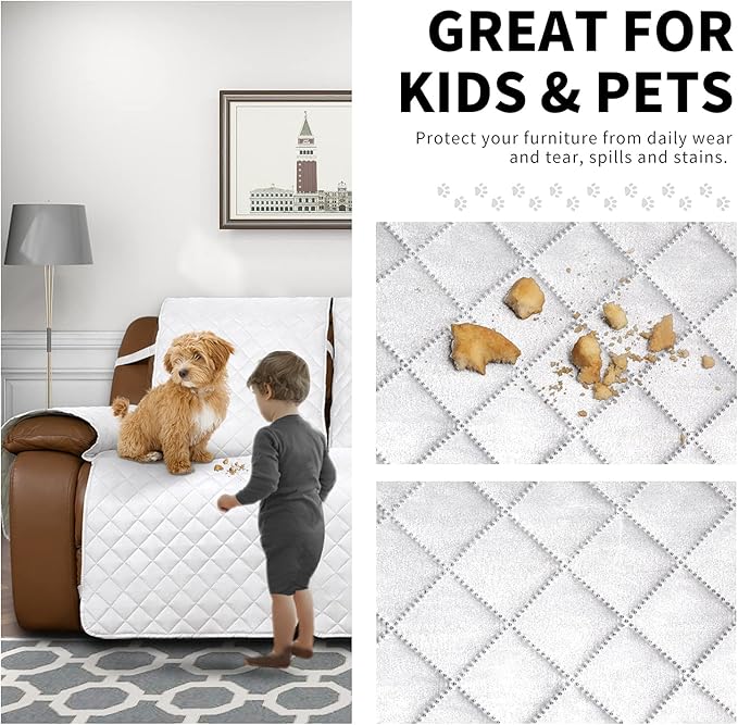 Easy-Going Loveseat Recliner Cover, Reversible Couch Cover for Double Recliner, Split Sofa Cover for Each Seat, Furniture Protector with Elastic Straps for Kids, Dogs, Pets(2 Seater, White/White)