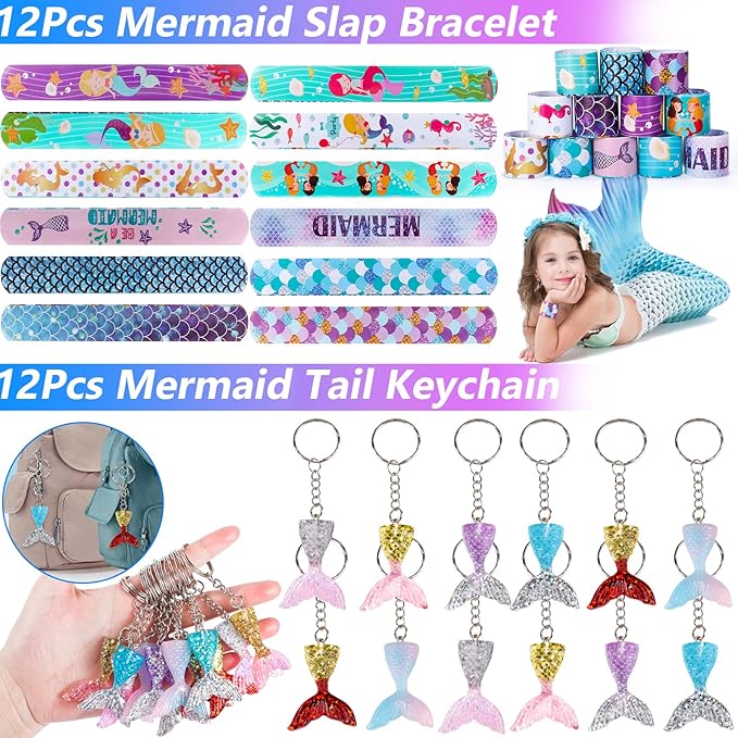 Golray 96Pcs Mermaid Party Favors with Goodie Bags Necklace Bracelet Rings Hair Clip Stampers Tattoo Tail Keychain for Girls Prize Toy Gift Stuffers Fillers Pinata Mermaid Birthday Party Supplies
