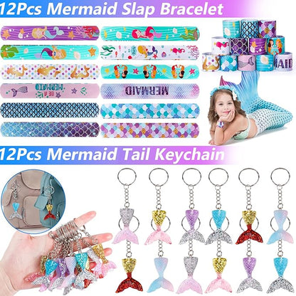 Golray 96Pcs Mermaid Party Favors with Goodie Bags Necklace Bracelet Rings Hair Clip Stampers Tattoo Tail Keychain for Girls Prize Toy Gift Stuffers Fillers Pinata Mermaid Birthday Party Supplies