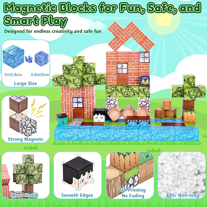 Ludmila 118PCS Magnetic Building Blocks Toy Set - Montessori STEM Toys, Forest House Construction Kit, 1-Inch Magnetic Cube Sensory Tiles for Kids Boys & Girls Ages 3+
