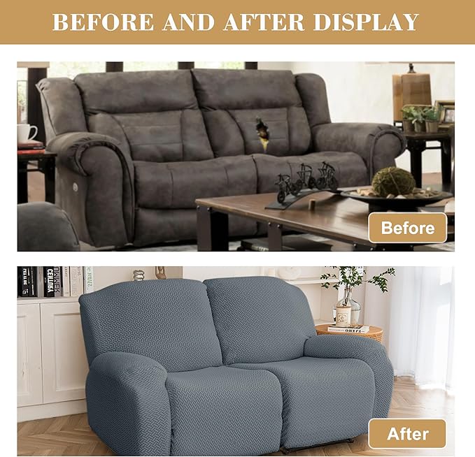 Jin Le 6 Pieces Recliner Cover Stretch Recliner Chair Cover - Reliner, Drak Gray 2 Seater Recliner Couch Covers Sofa Covers Jacquard Soft Furniture Protector with Elastic Bottom and Ties for Kids/Pets
