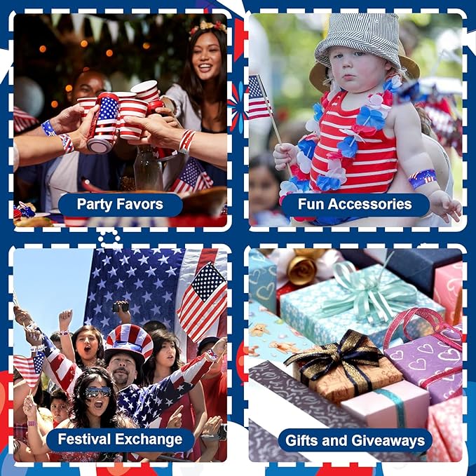 48 Pieces American Flag Slap Bracelets Bulk - 10 Assorted Designs Patriotic Snap Bands, USA Themed Party Favors for Kids and Adults, Fourth of July Accessories, Goodie Bag Fillers, Classroom Prizes