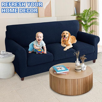 MAXIJIN 4 Piece Couch Covers for 3 Cushion Couch Super Stretch Non Slip Couch Cover for Dogs Pet Friendly Elastic Jacquard Furniture Protector Sofa Slipcovers (Sofa, Navy Blue)