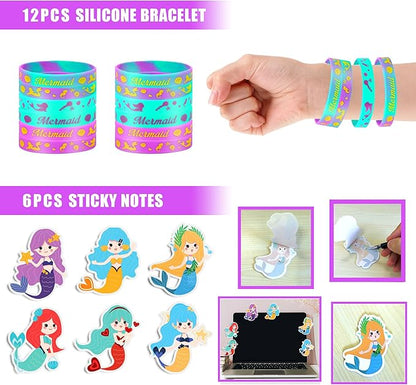 90 PCS Mermaid Party Favors for Girls Mermaid Birthday Supplies Bracelets Stampers Necklaces Rings Keychains Tattoo Stickers Post-it Notes Goodie Bags for Mermaid Birthday Party Supplies (Mermaid)