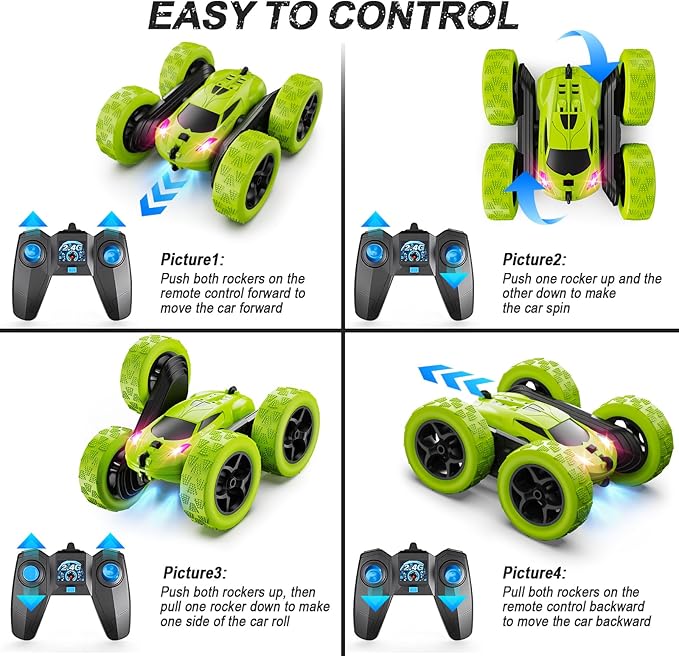 QUNREDA Remote Control Car for Kids Ages 6+, RC Cars Stunt Car Toy 4WD Double Sided 360° Rotating Remote Control with Headlights, Birthday Xmas Gifts for Boys 6 7 8 9 10 11 12 Green