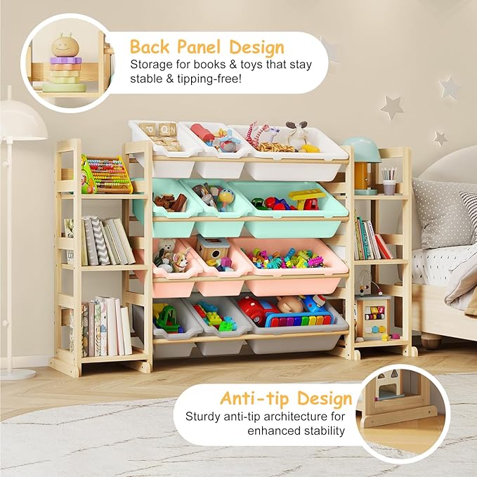 EXPERLAM Extra Large Toy Storage - Toy Storage Organizer, Wooden Toy Organizer with 6 Side Shelves and 12 Bins, 3-in-1 Bookshelf for Kids Rooms, Playroom, Nursery, Multi Color