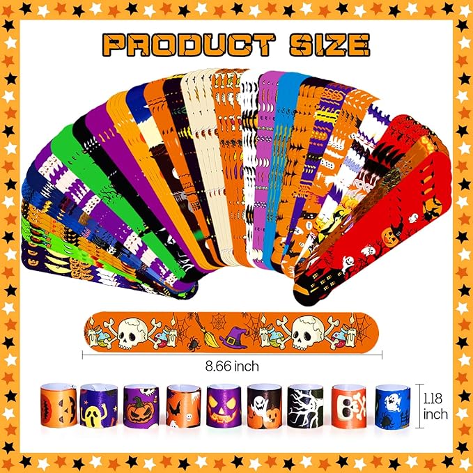 Halloween Slap Bracelets for Kids, 100 Halloween Bracelet Toys Bulk For Kids Girls Boys, Trick or Treat Party Favors, Exchanging Gifts, Classroom Prizes, Halloween Party Gift Treat Bag Filler Supply