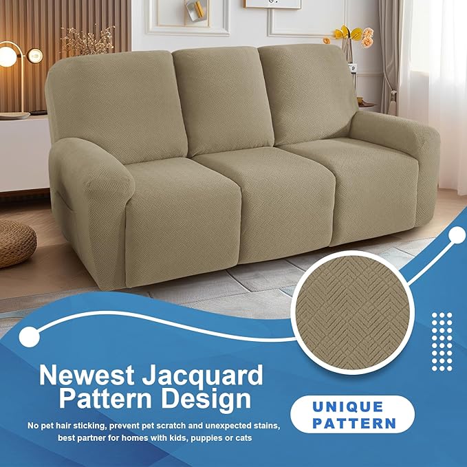 JIVINER 5 Pieces Recliner Sofa Covers Stretch Recliner Sofa Slipcover with Elastic Bottom Jacquard Fitted Reclining 3 Cushion Couch Cover Furniture Protector with Pockets (3 Seater, Khaki)