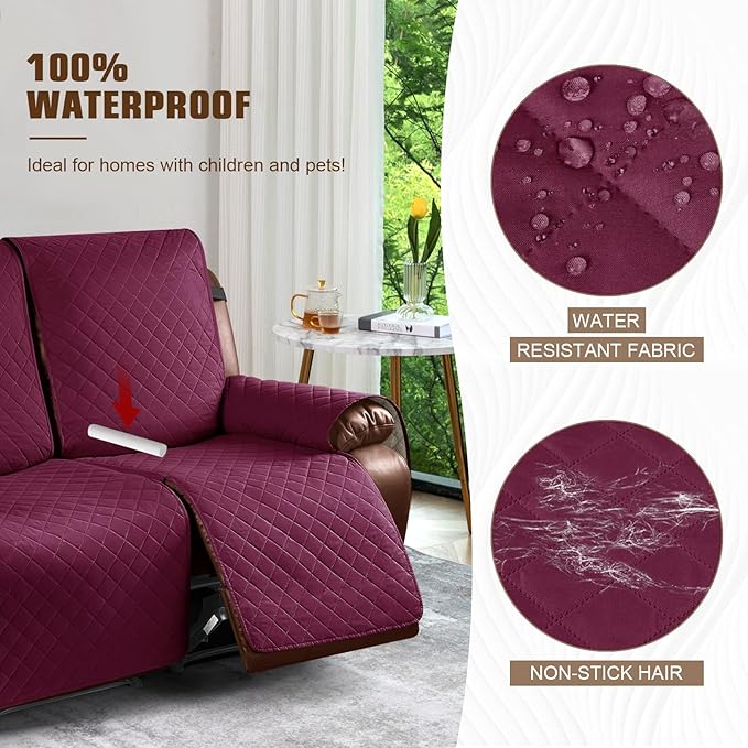 KinCam Waterproof Loveseat Recliner Cover, Non-Slip Reclining Couch Covers for 2 Seat, Recliner Sofa Cover Furniture Protector with Elastic Straps for Kids, Pets, Burgundy