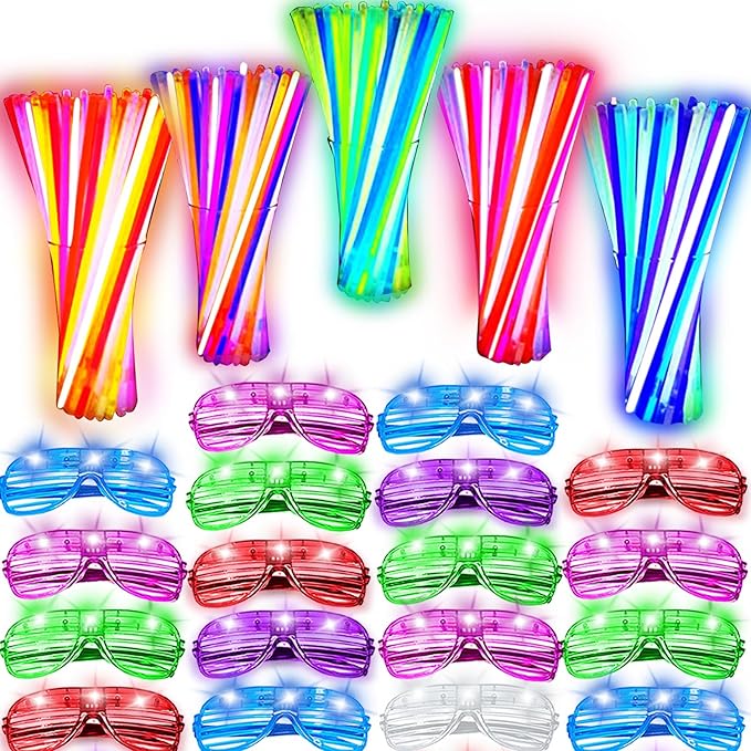 125 Pack Glow in the Dark Party Supplies with 100 Glow Sticks Bracelets and 25 Shutter Shades Flashing Glasses, LED Light Up Toys Neon Party Favors for Kid/Adult Birthday Wedding Carnival Concerts