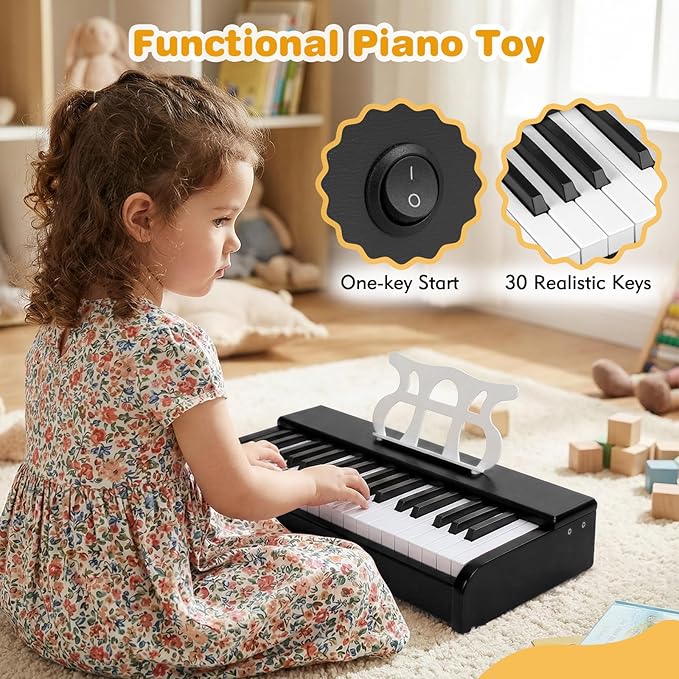 HONEY JOY Wooden Kids Keyboard Piano, 30 Keys Digital Electronic Piano for Kids, Early Learning Educational Musical Instrument, Baby Music Toy for 3+ Years Old Toddlers Boys Girls (Black)