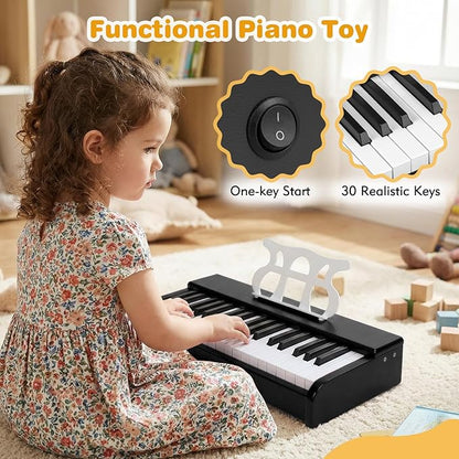 HONEY JOY Wooden Kids Keyboard Piano, 30 Keys Digital Electronic Piano for Kids, Early Learning Educational Musical Instrument, Baby Music Toy for 3+ Years Old Toddlers Boys Girls (Black)