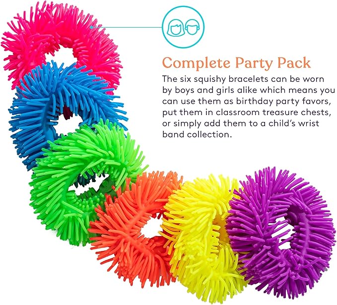 Special Supplies Squishy Fuzzy Band Bracelets for Kids, 6 Pack, Flexible and Stretchy Wearable Sensory Toys, Tactile Silicone Squiggly Touch, Bright and Colorful Wristbands