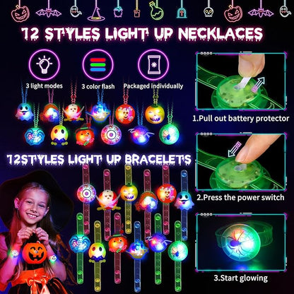 Halloween Party Favors for Kids, 118PCS Halloween Light Up Toys including Necklaces Rings Bracelets Brooches, Glow in the Dark Halloween Toys Bulk, Halloween Goodie Bag Fillers Treats Classroom Favors