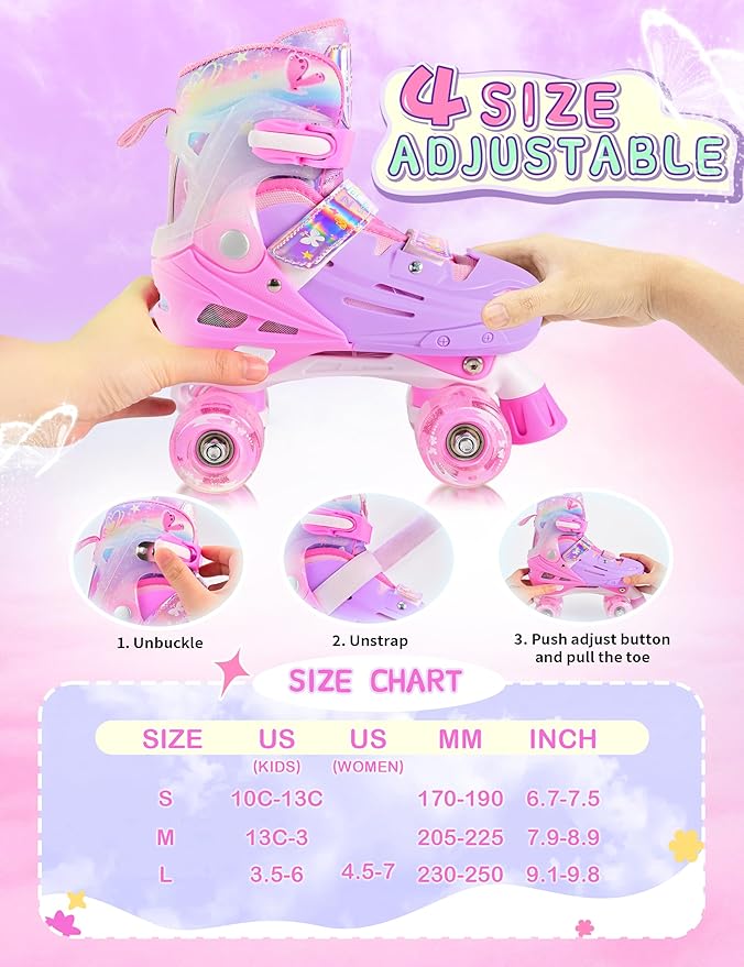 2PM SPORTS Roller Skates for Girls Boys Kids Age 4-6 5-8 6-12 8-12 with Light Up Wheels, Adjustable Youth Rollerskates Size 10C 11C 12C 13C 1 2 3 4 5 6
