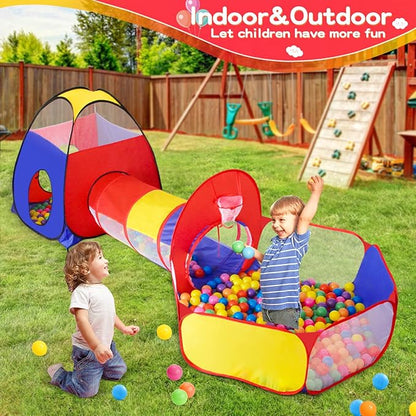 GeerWest 3 in 1 Kids Play Tent for Toddler with Baby Ball Pit and Play Tunnel, Children Indoor Outdoor Playhouse with Climbing Tunnel Toy for Toddlers, Boys and Girls Best Birthday Gifts（No Balls）