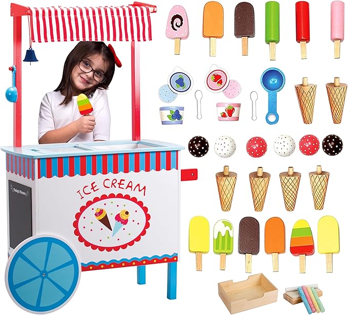 Ice Cream Cart Kids Pretend Play Stand- 33+ Pc Accessories, Realistic Premium Wooden Toy Activity Set, Money Box Chalkboard & Icecream Truck- Popsicles Cones Unique Flavors- Girls Boys Role Play Gift
