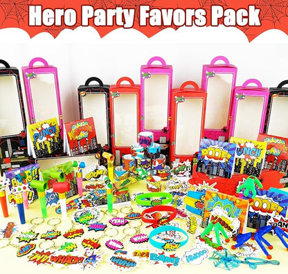 146Pcs Hero Party Favors for Kids, Goodie Box Stuffers Include Mini Notebooks Slap Bracelets Keychain Blowing Dragon Stickers Sticky hands Toy, for Carnival Classroom Prizes Birthday Party Gifts