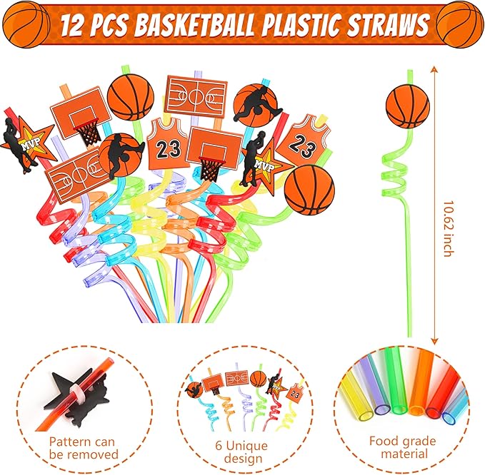Basketball Party Favors Set 72 PCS Basketball Slap Bracelets Straws Tattoo Stickers Mini Stress Ball Silicone Bracelets Gift Bags for Kids Adults Sports Basketball Birthday Gift Classroom Rewards