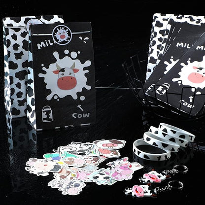 Cow Party Favors Supplies Include Cow Silicone Bracelets Cow Keychain Cow Party Present Bags and Waterproof Cow Stickers for Baby Shower Return Present Farm Animal Birthday (Novel Style, 104 Pieces)