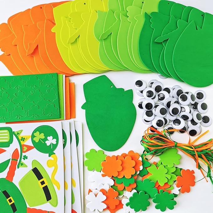 24 Sets St. Patrick's Day Decorations Owl Shamrock Ornaments DIY St. Pat's Craft Kits Assorted Owl Four-Leaf Clover Irish Lucky Shamrock Foam Stickers for Kids Classroom Home Activity Gift Art Project