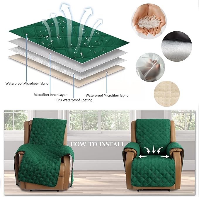 TOMORO Non-Slip Oversized Recliner Cover, 100% Waterproof Quilted Recliner Chair Slipcover Furniture Protector with Pockets, Washable Couch Cover with Elastic Straps for Kids and Pets