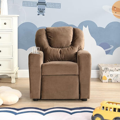 21.3" Kids Recliner Chair,Toddler Armchair Upholstered Couch with Cup Holder, Backrest,Children Upholstered Seating Sofa w/Headrest and Footrest,for Child's Bedroom,Brown