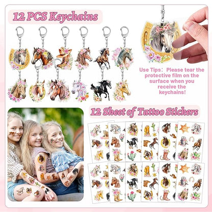 60 PCS Horse Cowgirl Party Favors, Horse Themed Temporary Tattoos, Slap Bracelets, Keychains, Badges, Gift Bags for Cowgirl Birthday Party Decorations and Classroom Rewards